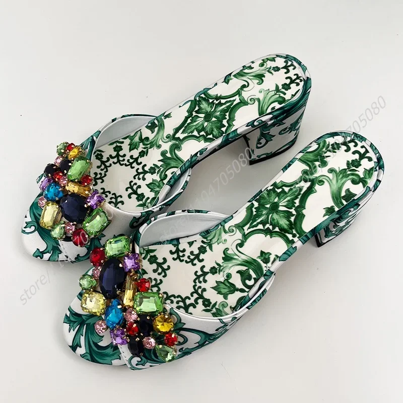 

Red and White Flower Print Graffiti Slippers Women Crystal Tassel Beaded Heels Summer Yellow Open Round Sandals Green Print Shoe