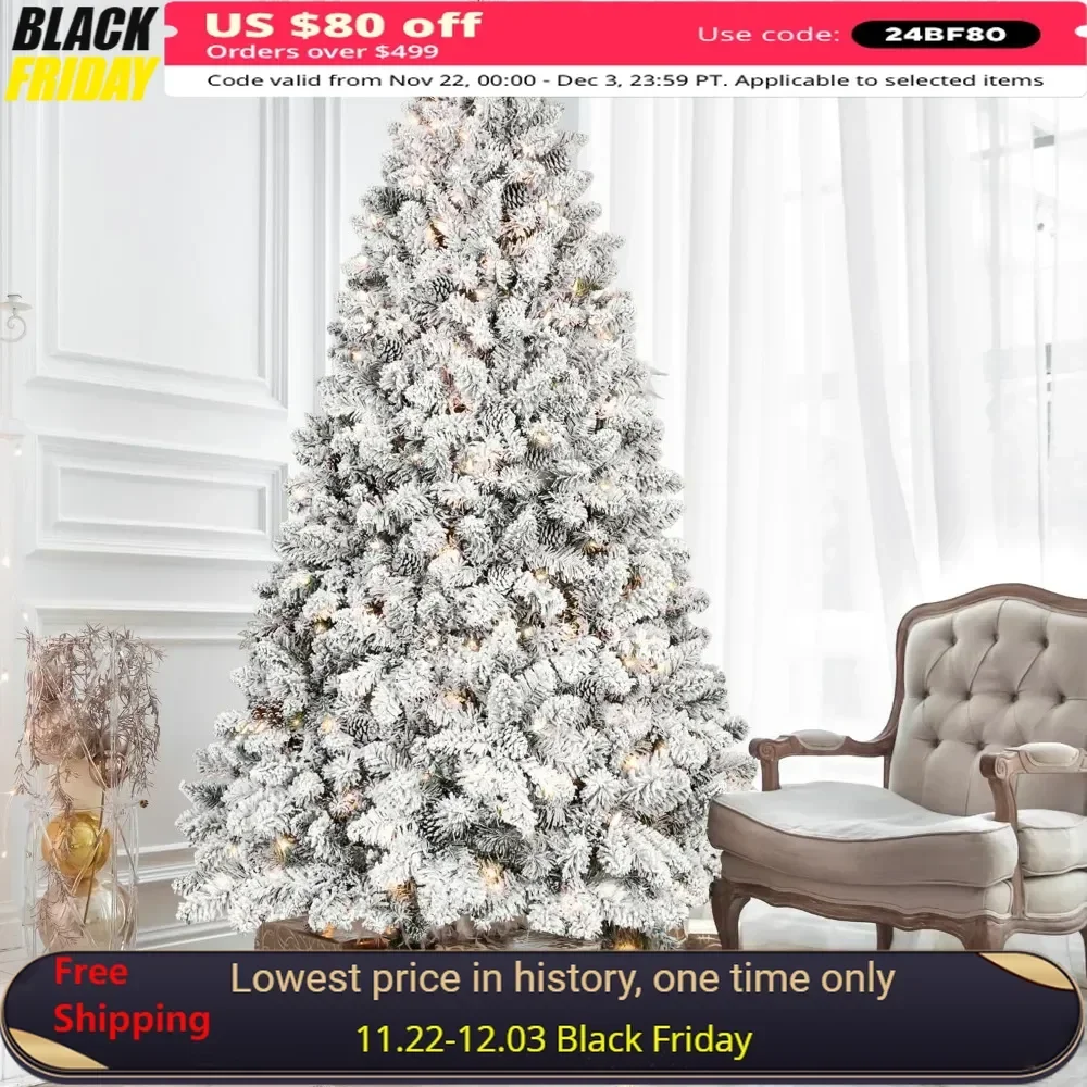 8FT Christmas Tree with Pine Cone, 700 Lights & 1754 Branch Tips, Memory Wire Technology, Prelit Flocked Hinged Xmas Tree