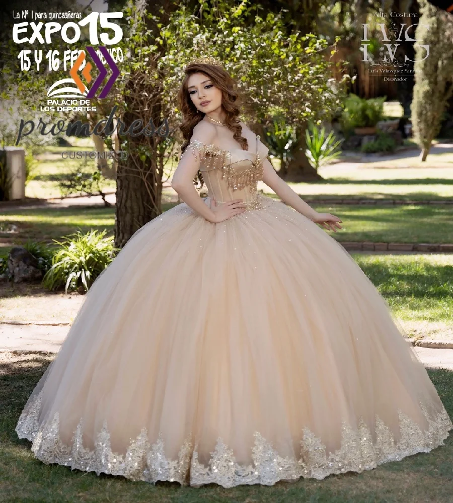 

Glamorous Champagne Quinceanera Dress With Beaded Off Shoulders Lace Vestidos De 15 Quinceañera Party Sweet 16 Dress Customized