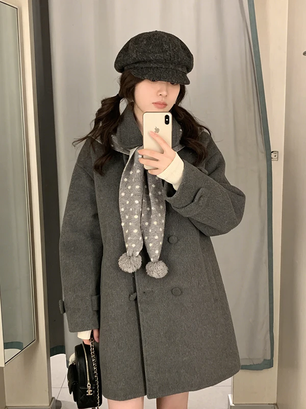 

Sweet Korean Sle Woolen Coat Women's Mid-Length Cotton Lined Double-Breasted Lapel Spring New Arrival Small Size Friendly