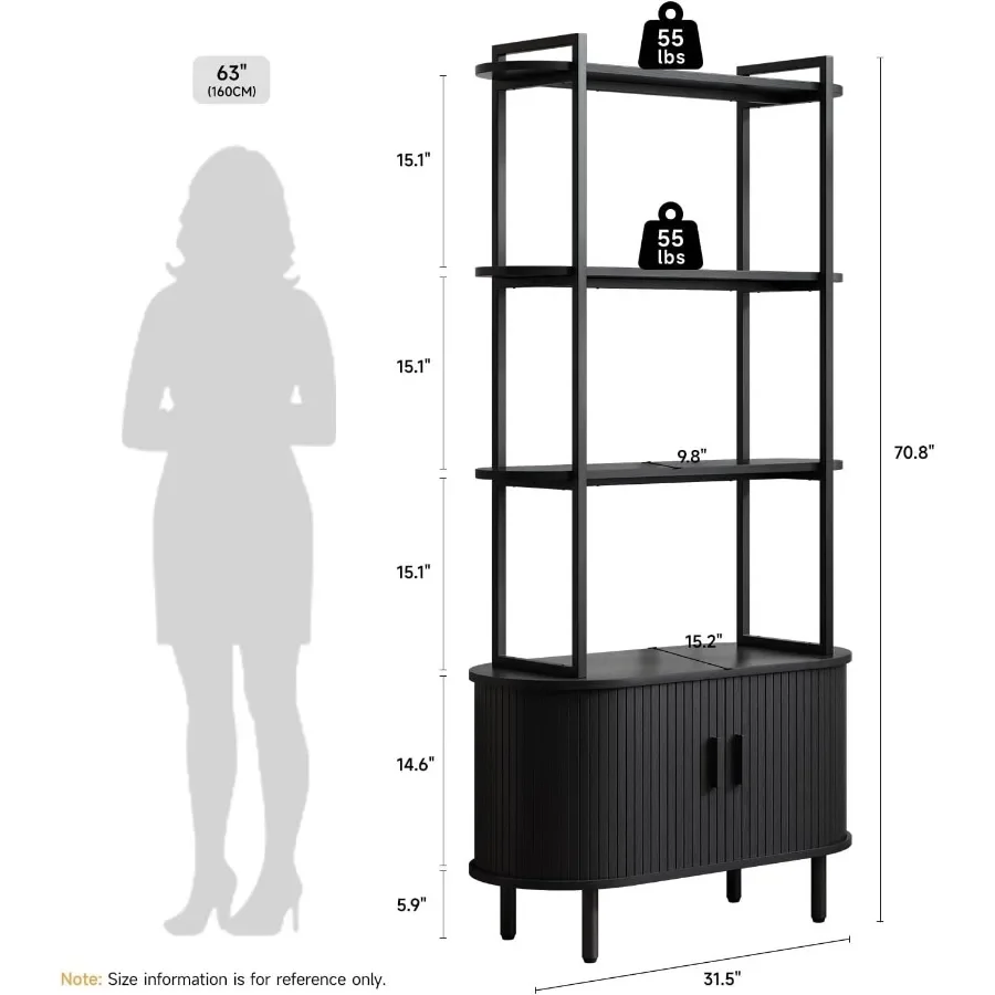 71 Tall Bookshelf for Living Room, Engineered Wood in Black with Adjustable Shelves and Concealed Storage Cabinet
