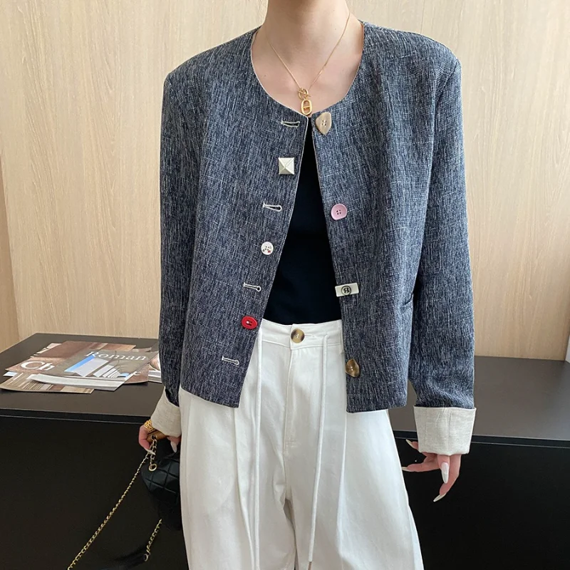 O Neck Contrasting Color Curled Cuffs Fragrant Jacket Women Fashion Casual Basic French Simple Office Lady Autumn Jacket
