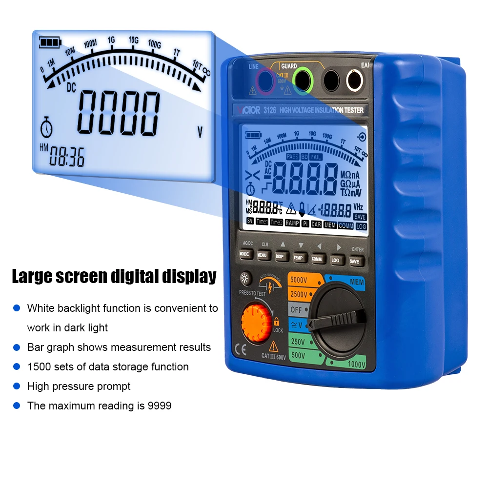VICTOR 3126 5000V testeur de résistance d'isolation numérique haute tension gamme automatique 9999 points IP40 Communication USB commande SCPI