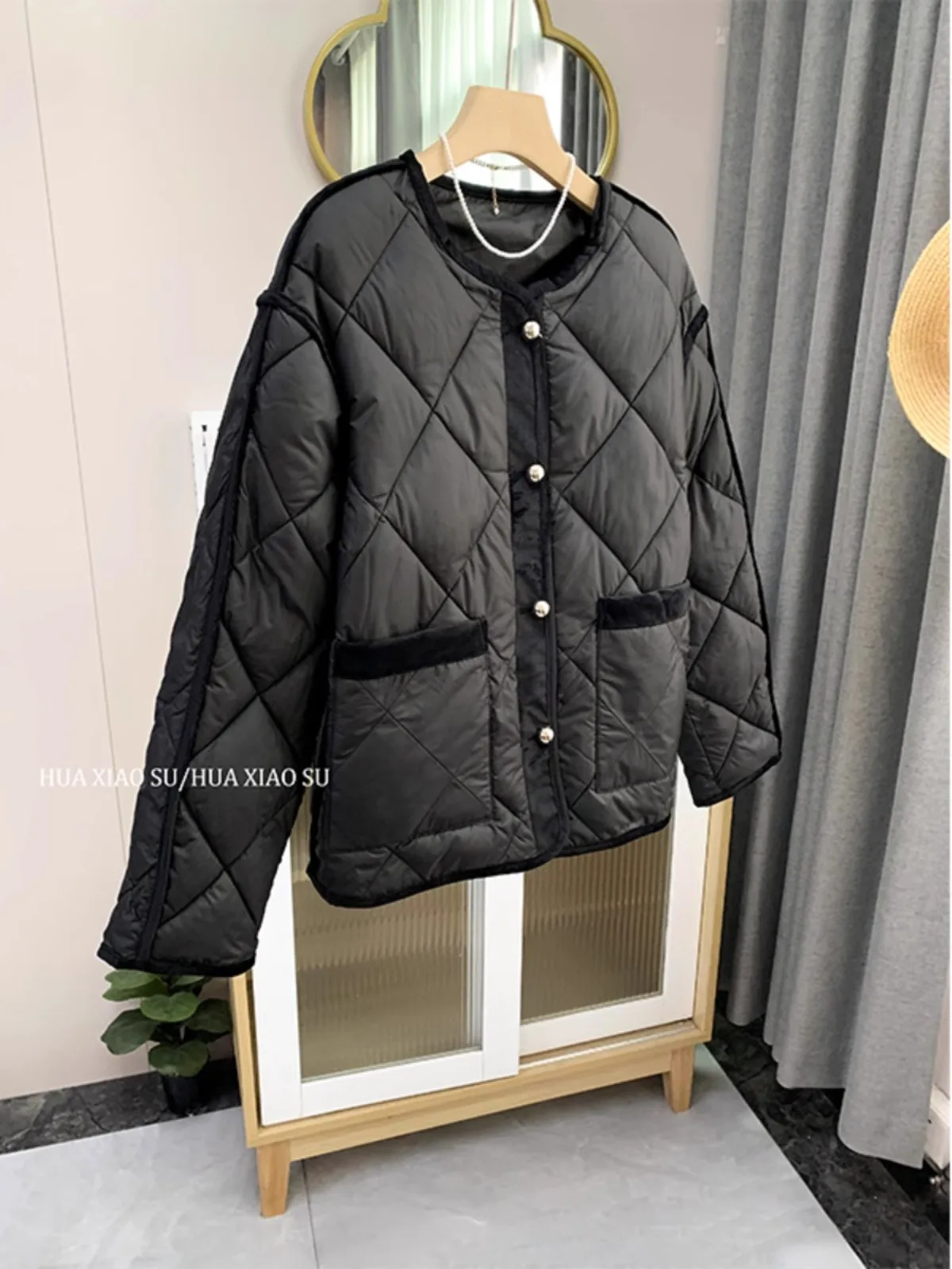 V-neck Single Breasted Winter Warm Vintage Cotton-padded Coat Loose Thickened Rhomboid Check Design Feeling High Quality Tops