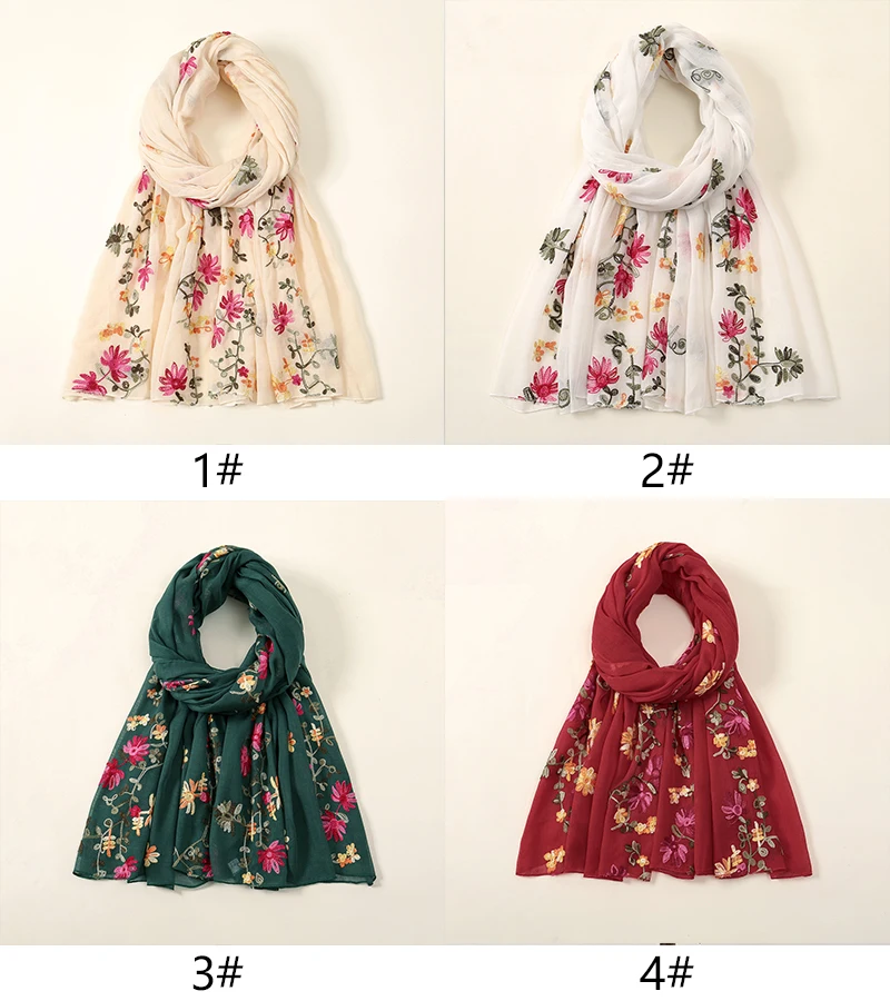 Wholesale Soft Cotton Hijab Scarf Embroidery Floral Shawls For Women Muslim Solid Pashmina Autumn Wrap Sunscreen Travel Headband