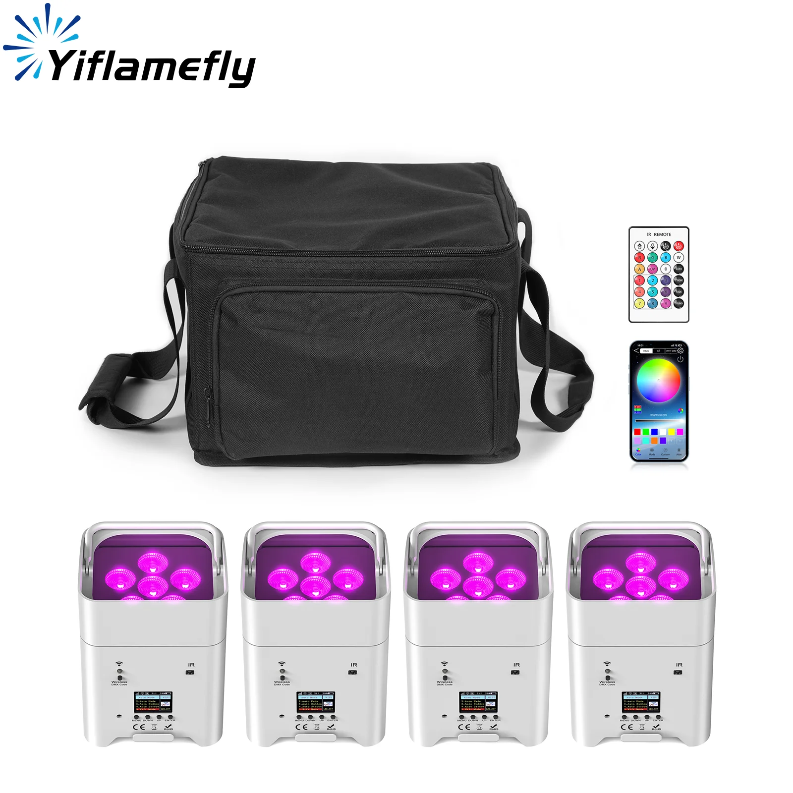 

Yiflamefly, 4 шт., 80 Вт, белый перезаряжаемый номинальный светильник с сумкой, 8800 мАч, аккумулятор, приложение и дистанционное управление, набор сценических светильников для свадебной вечеринки, бара
