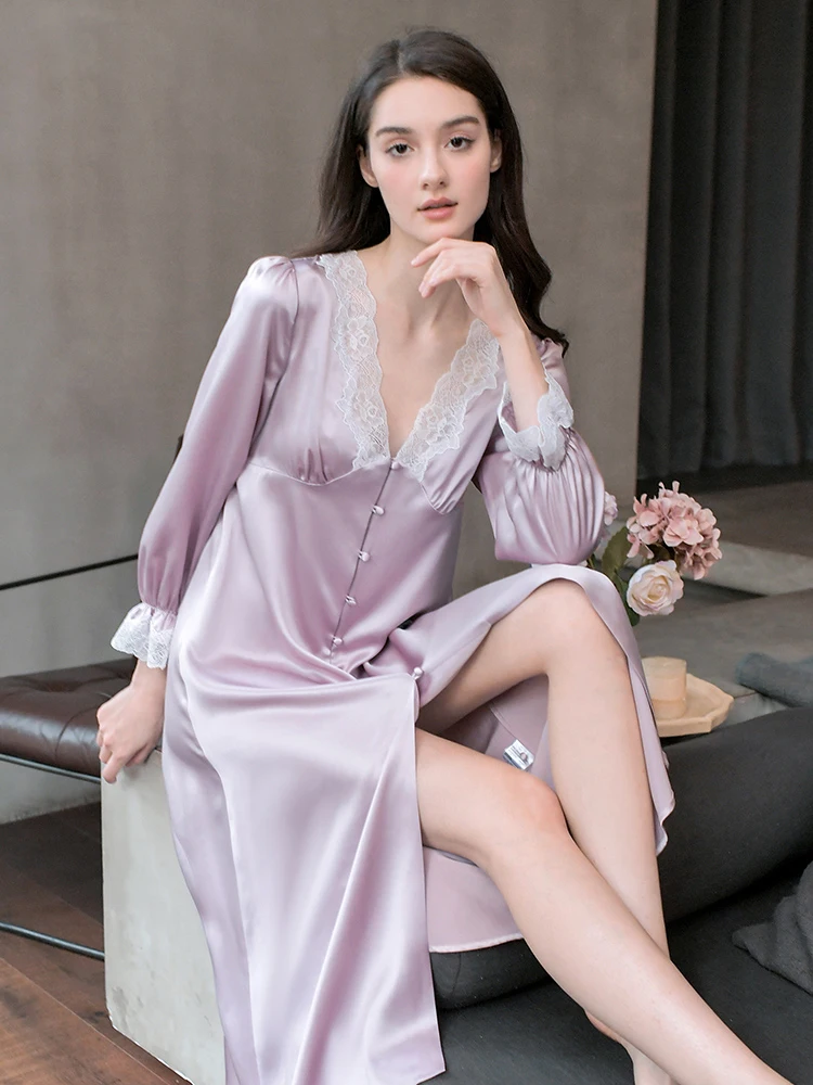 Women\'s Silk Nightgown 100% Real Mulberry Silk Sleepwear V-Neck Long Sleeve Long Nightdress Sexy Lace Decor Silk Night Dress