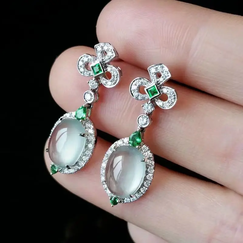 

Natural chalcedony ice seed egg face earrings for women with diamonds Palace style charm exquisite jewelry Hanfu accessories