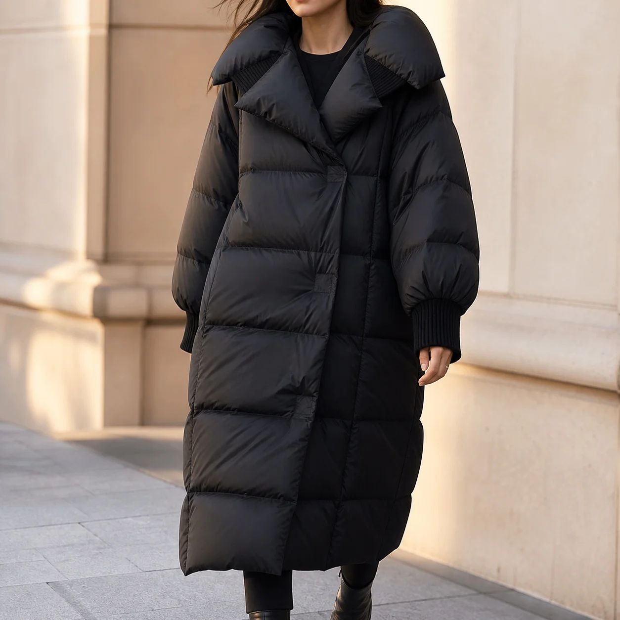 Women's Thick Loose Fit Solid Color Down Coat with Notched Collar Three Button Long Sleeve Puffer Jacket Women's Parkas Women
