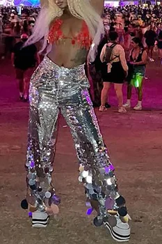 Plus size festa calça prata perna reta assimétrico lantejoulas calça de cintura alta alargamento calças primavera moda feminina