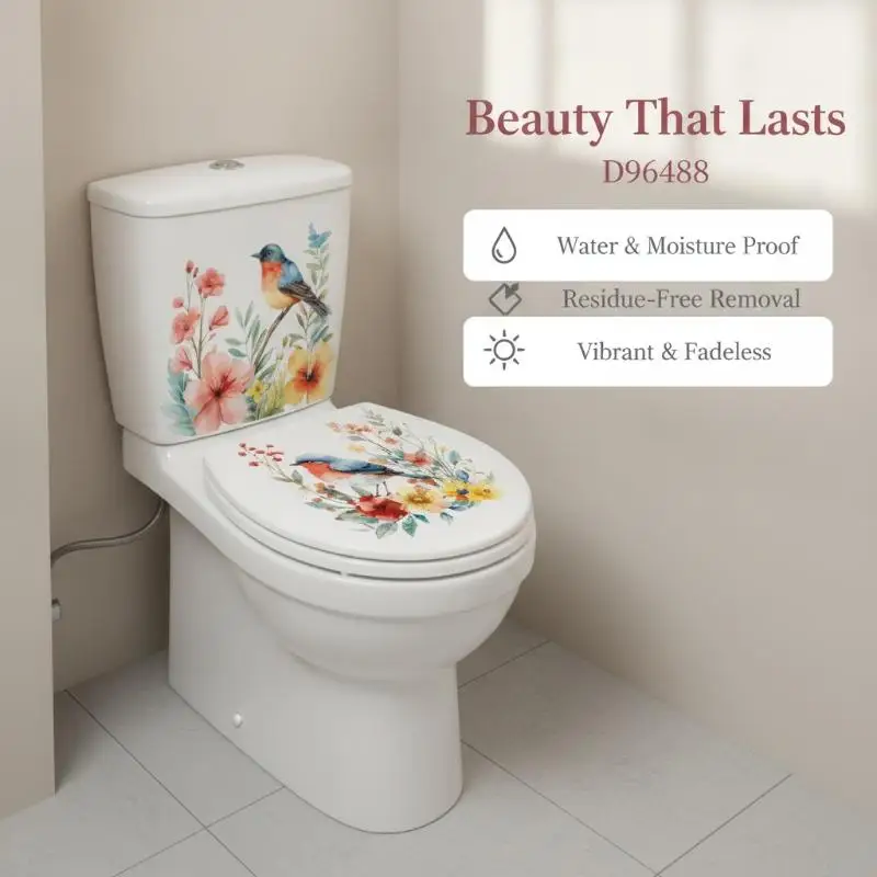 Floral Toilet Lid Sticker Waterproof Quick Install Self-Adhesive Bathroom Wall Art Decor for Home Toilet Renovation