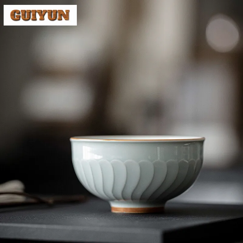 100ml Handamde Relief Lotus Teacup Antique Blue Ceramic Tasting Master Cup Puer Tea Bowl Whorl Chazhan Kung Fu Tea Tea Set Gift