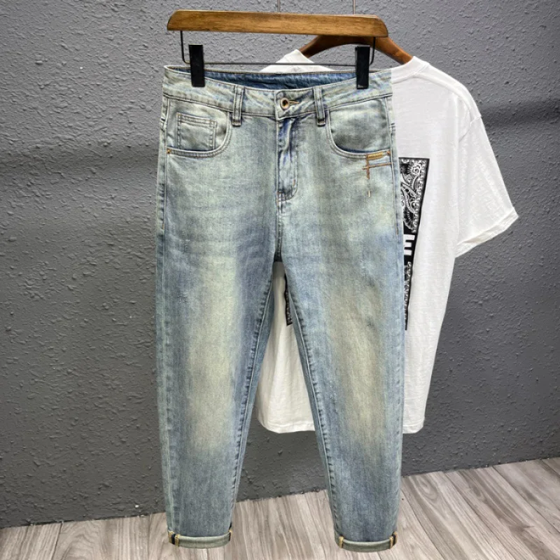 Pantalones vaqueros de tipo fino para hombre, pantalón desgastado Retro, informal, elástico, ajustado, lavado, de gama alta, combina con todo, novedad de verano 2024