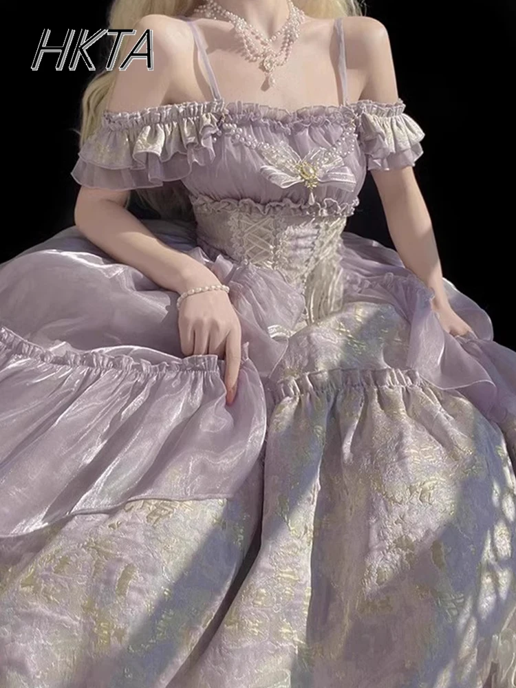 Lolita Elegant Flying Sleeve Shoulder Purple Birthday Evening Dress Women Summer New Gorgeous Student Day Princess Long Dress\