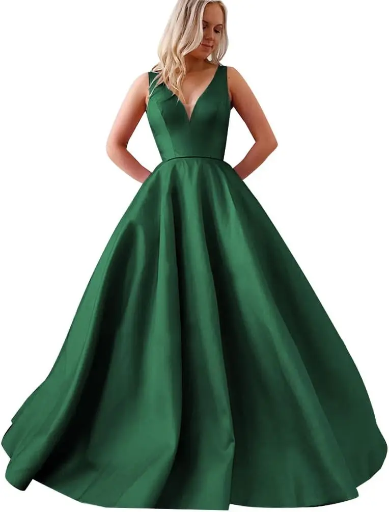 새틴 A라인 신부용 프롬 드레스, V넥 포켓 프롬 드레스, 심플 롱 볼 가운 이브닝 드레스