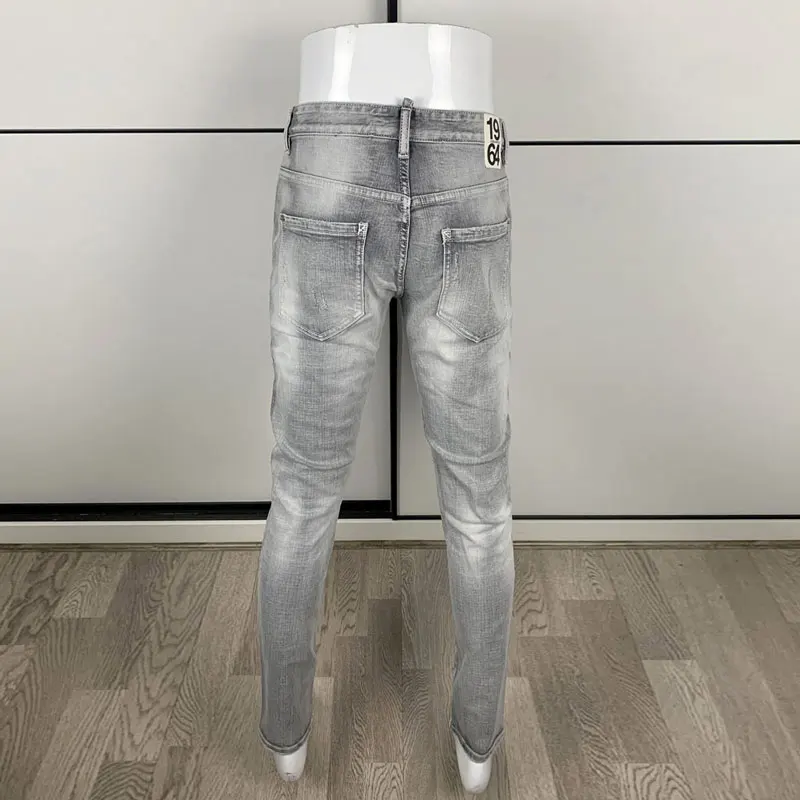 High Street Fashion Men Jeans Retro Washed Gray Stretch Skinny Fit Ripped Jeans Men Patched Designer Hip Hop Brand Pants Hombre