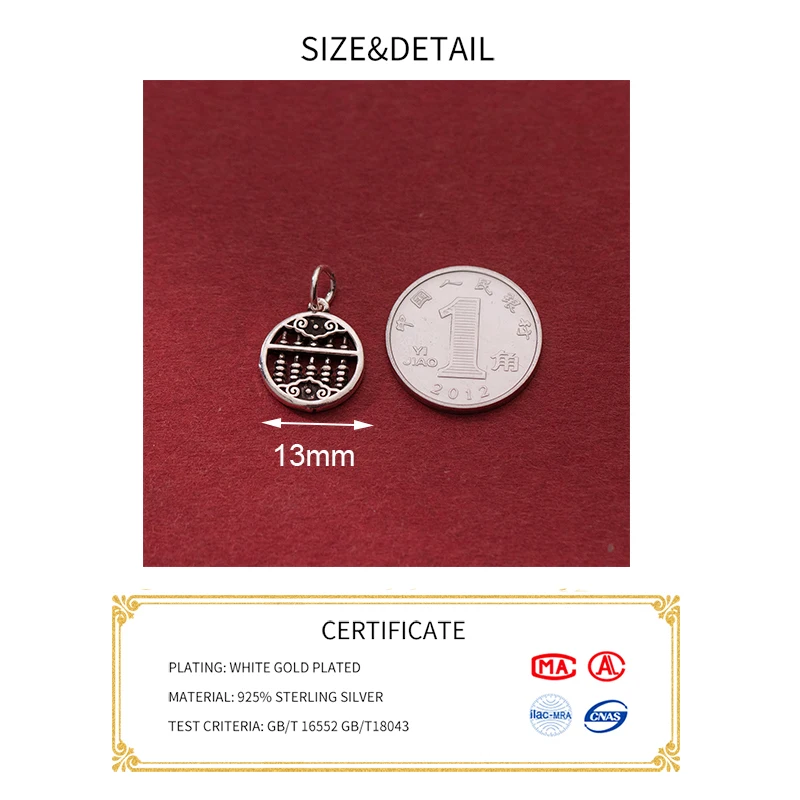 MEETSOFT S925 Sterling Silver Distressed Ruyi Abacus Round Card Pendant Charms of DIY Handmade Making Supplies Necklace Bracelet