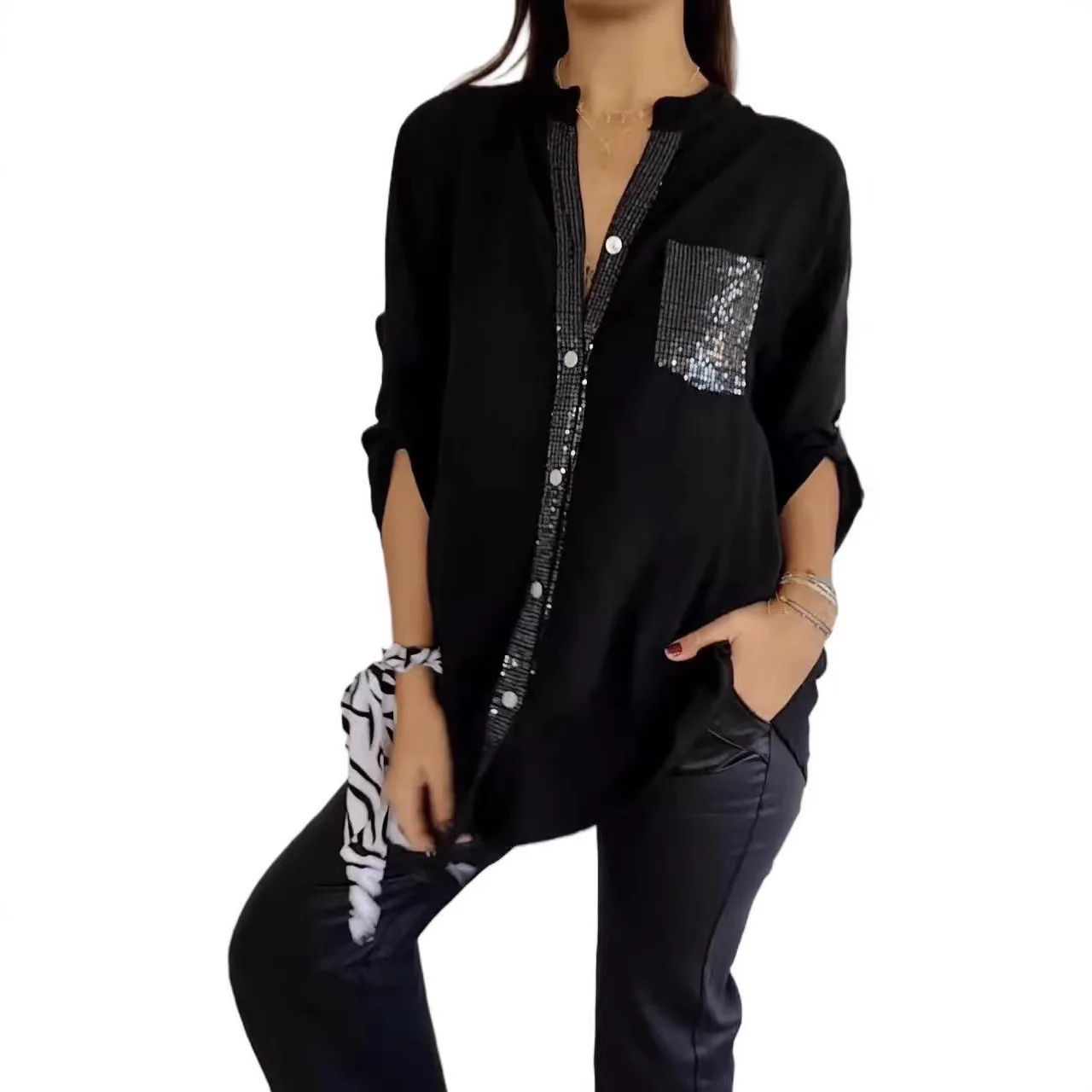 

2025 Fashion Sequin Long Sleeve Blouse Women Party Clubwear Elegant Top