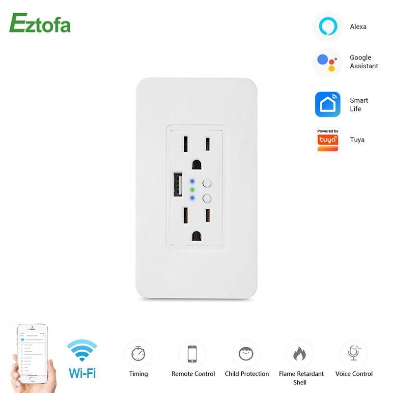 

Smart Wifi Wall Socket USB Outlets Timer US Electrical Plug Independent Switch Remote Control Work with Alexa Google Home