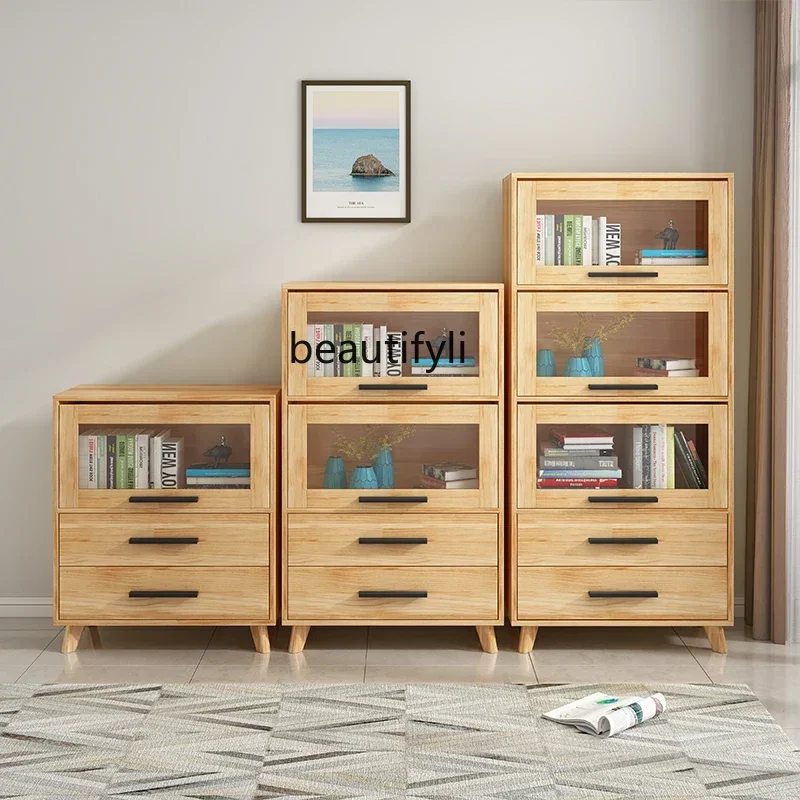 

ss7304Solid Wood Bookcase with Glass Door Living Room Shelf Floor Home Bedroom Storage Cabinet