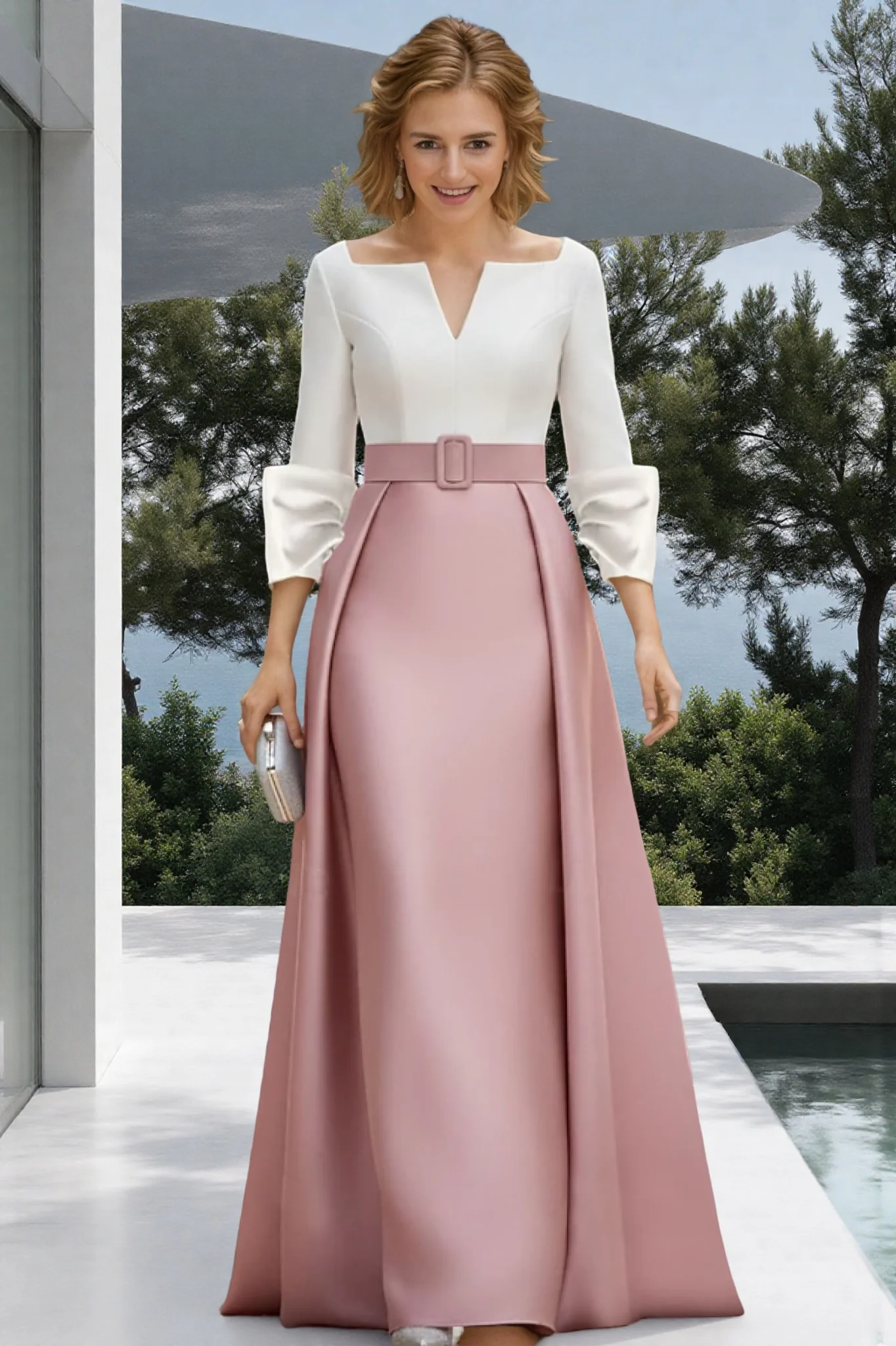 

A-Line Sheath Column Floor Length Wedding Guest Dress Formal Dresses Mother of the Bride Dress 3/4 Length Sleeve V Neck Satin