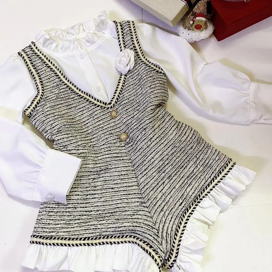 New Baby Girls Fall Fashion Sets Long Sleeve White Blouse  + Overall Pants（without Bin floral)     Princess Cute  Suits  2-7T