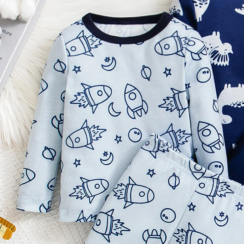 Baby Spring and Autumn Underwear Set for Boys and Girls, Rocket Dinosaur Cartoon Long Sleeve and Long Pants, Soft Cotton Breathable Children's Homewear Two-Piece Set