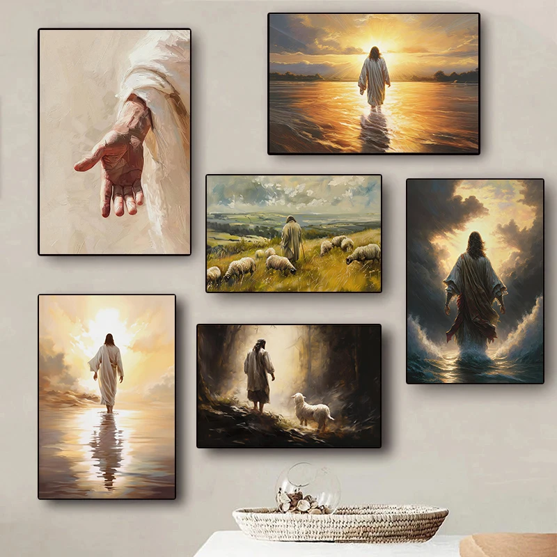 God Jesus Water Walking Lamb Christian Biblical Religious Belief Poster Canvas Paintings Wall Art Pictures Home Decor