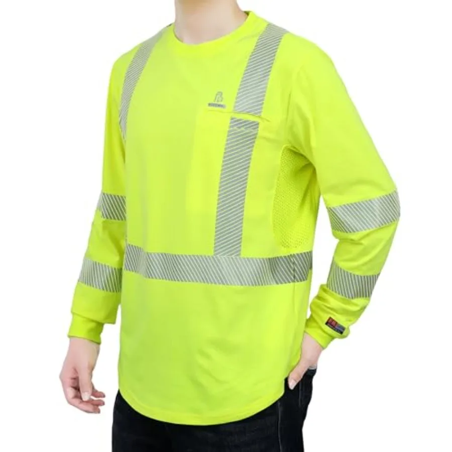 

BOCOMAL Reflective FR Shirts High Visibility Summer Vented Mesh Long Sleeve Crewneck Lightweight Flame Resistant Workwear