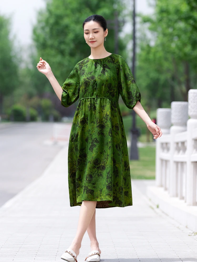 

Ele Silk Chiffon Red Cloud Dr High Waist Midi A-Line Dr round Neline Svel Summer Casual Wear by QinBo