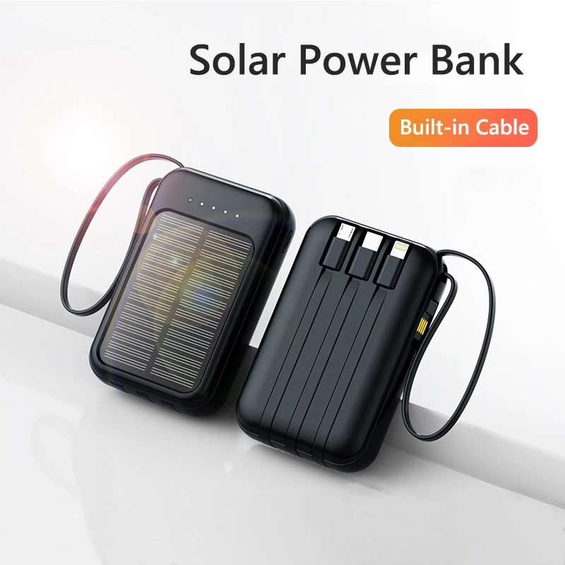 20000mAh Solar Power Bank Built Cables Solar Charger 2 USB Port Poverbank External Charger Mobile Phone Powerbank with LED Light