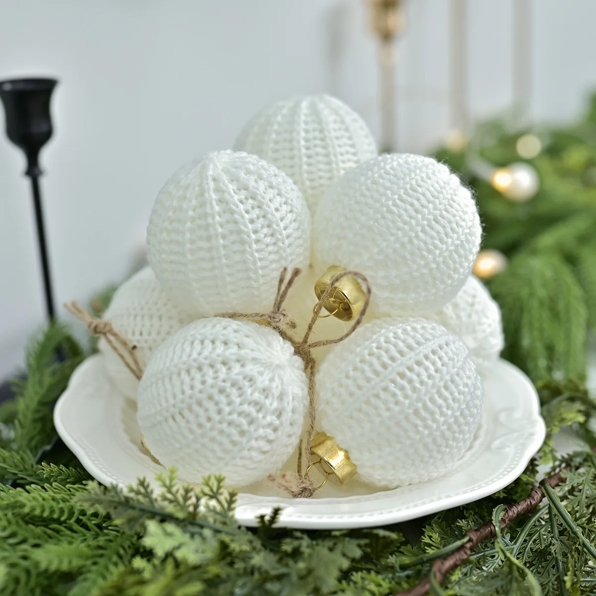 12Pcs White Knit Christmas Ornament Balls Nordic Crochet Baubles With For Gold Cap For Xmas Tree Holiday Home Decor