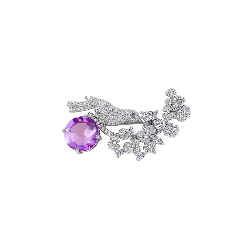 Bird Shape 925 Sterling Silver Natural Blue Topaz Amethyst Citrine Crystal Brooch for Women Birthday Gift Fine Fashion