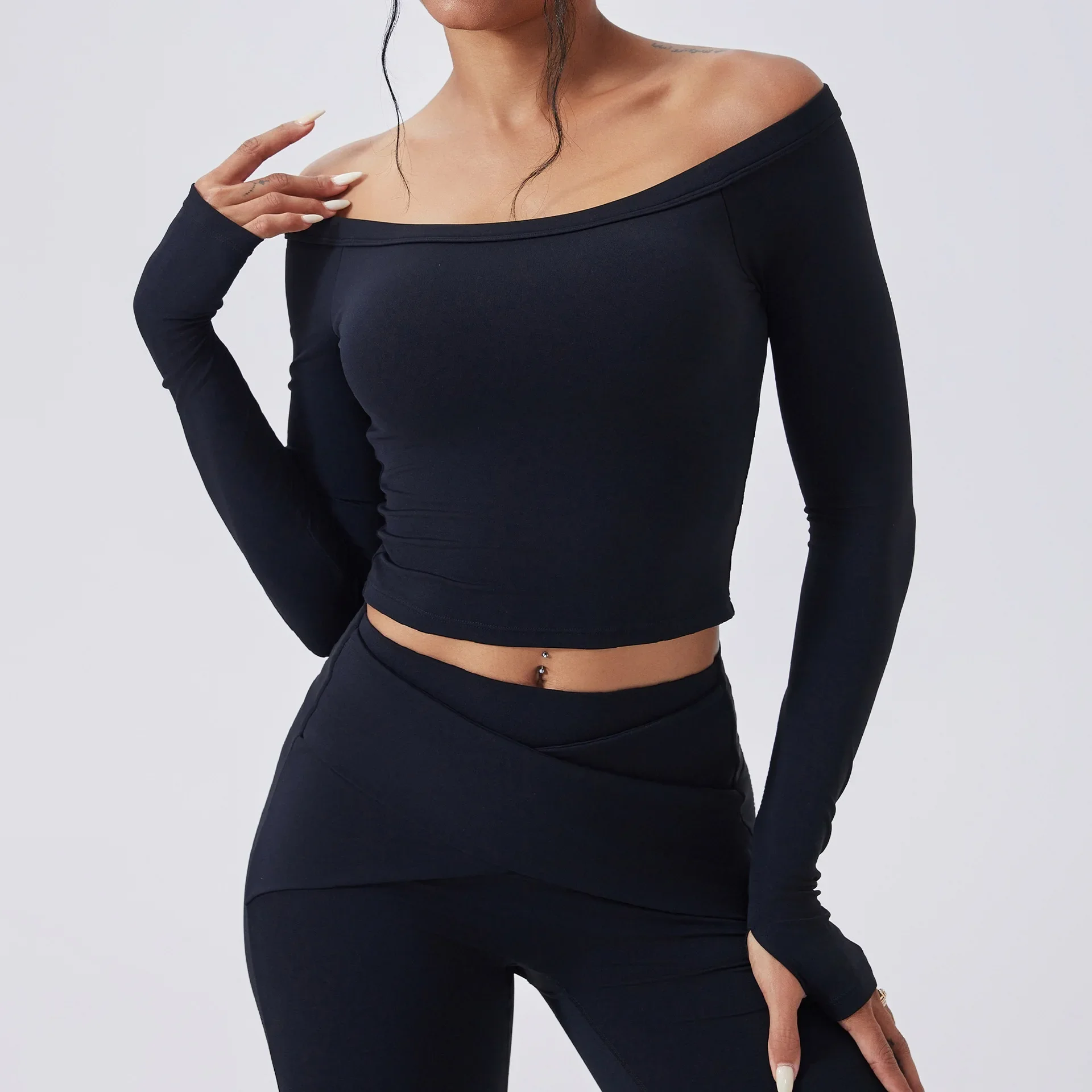 2027Slash Neck Long Sleeve Yoga Shirts Women Crop Top Breathable Quick Dry Sport T-shirt Female Gym Workout Top Fitness Clothing