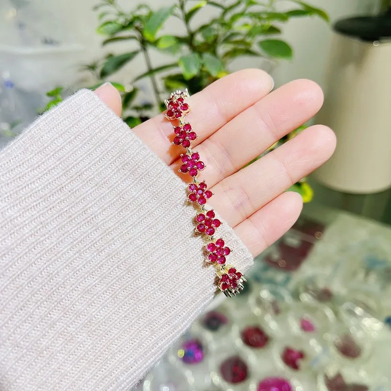 Sea Blue Red Jade Finger Bracelet Bloom Flower Elegant Fashion Luxury Charm Women Jewelry Goddesses Gift 16.2cm