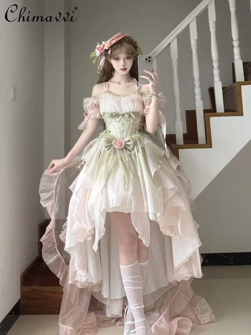 

Original Super Fairy Princess Pink Green JSK Dress Women Sweet Girl Temperament Ballet Style Birthday Party Puffy Lolita Dress