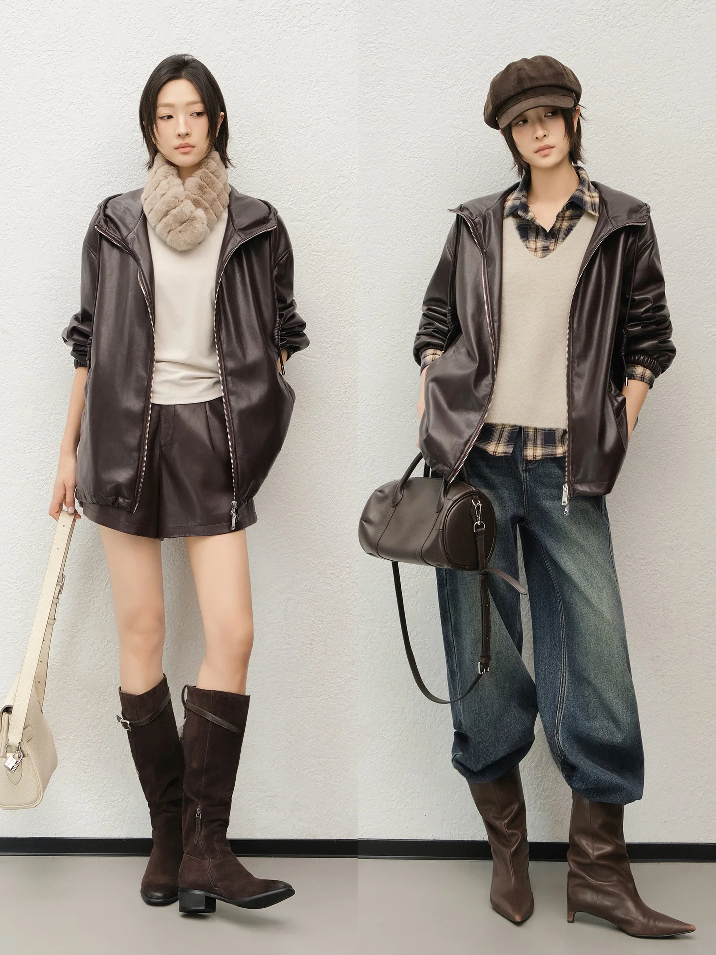 Brown Playful Amber Glow Protein Leather Hooded Jaet Warmth MEIYANG Street Sle Zipper Loose Fit Long Sve Coat