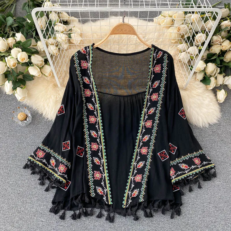 Bohemian Zonnebrandcrème Vest Jas Zomer Strand Vakantie Vintage Flare Lange Mouwen Geborduurd Losse Kwastje Sjaal Femal Top