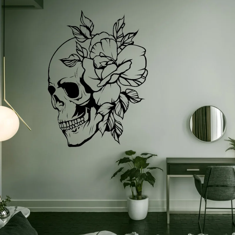 Skull and Flowers Matt Vinyl Wall Sticker Home Girls Room Tattoo Shop Studio Decoration Decals Day of The Dead Wallpaper Z584