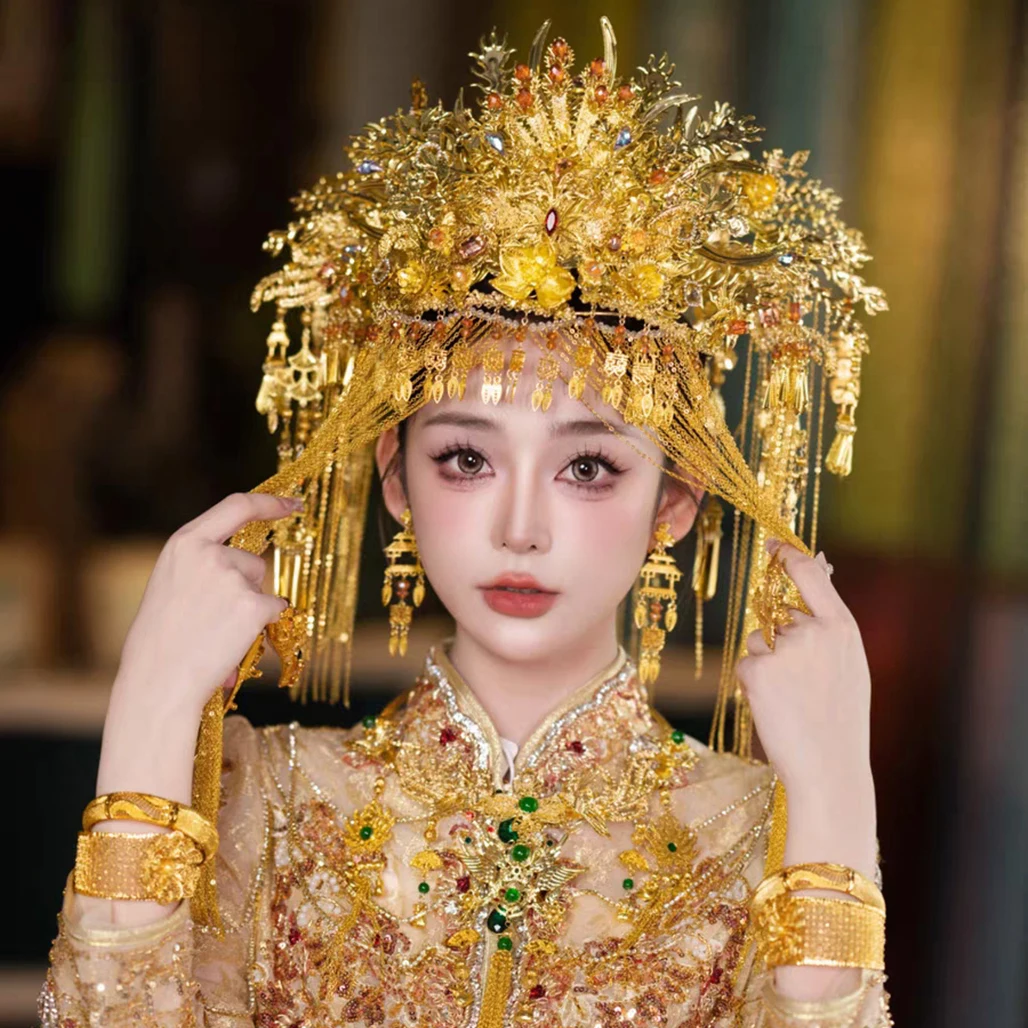 

Большой головной убор с золотой вуалью и короной Феникса для китайской винтажной свадьбы, аксессуар для волос Hanfu Xiuhe с драконом и фениксом