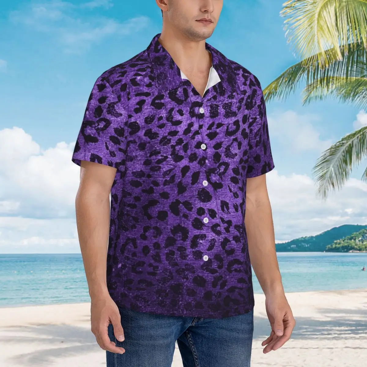 

Distressed Purple Leopard Print Hawaiian Shirts Fashion Men Short Sleeve Shirt for Summer Beach Men's Button Tops