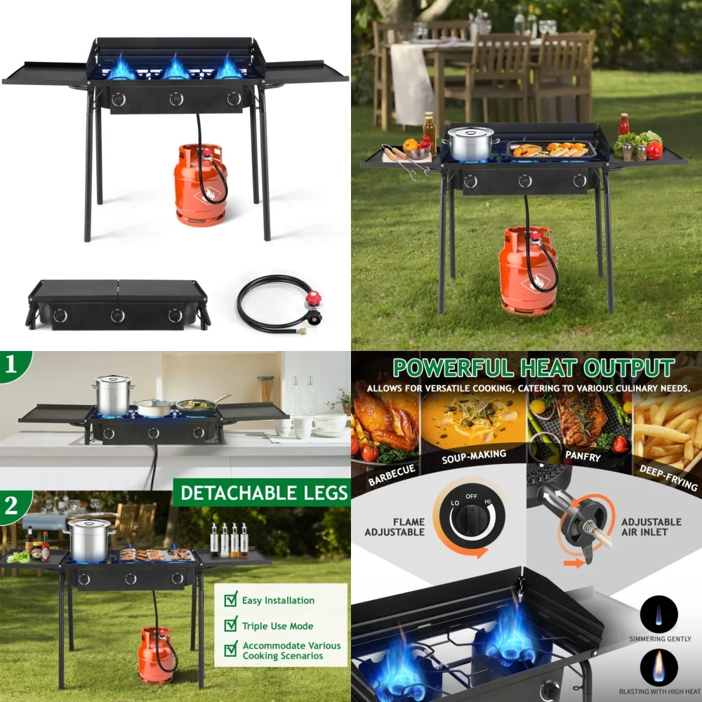 

bbq grillsPropane Gas Grill with 3 Burners 225000 BTU Cooking Stove for BBQ Outdoor Grilling Iron Stove with Side Shelves and
