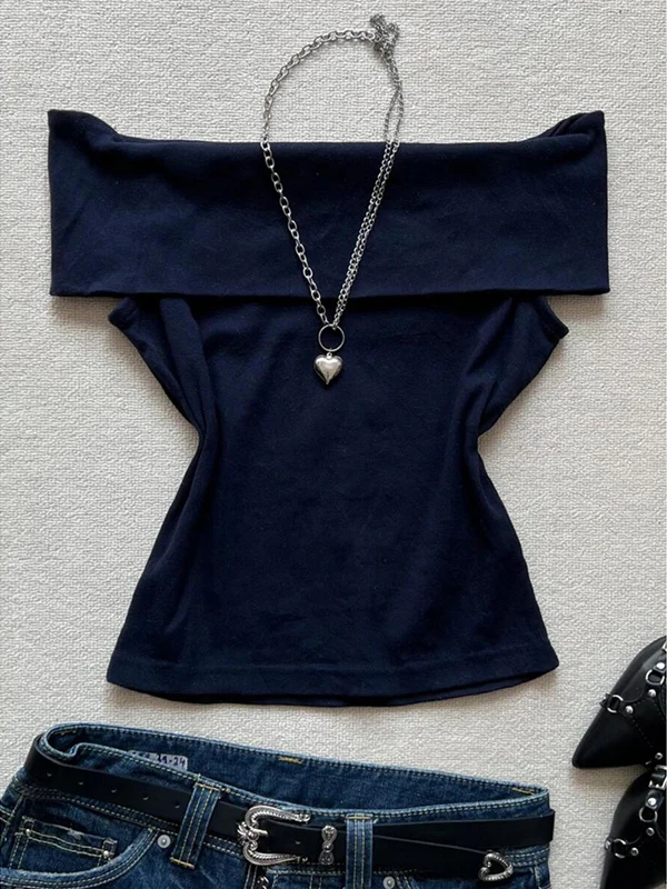 

Original Blue One-oulder Svel T-irt Women's Summer Vintage Waist-Cinching Design Unique Top Commute Sle Splice Pu...