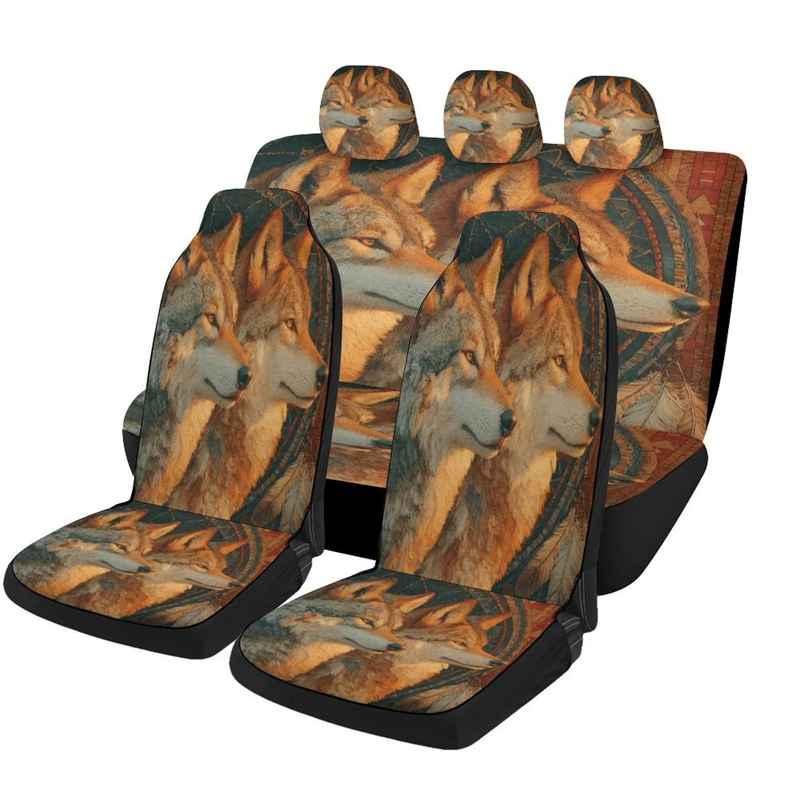 Set Of Car Seat Covers Featuring Wolf Retro Designs, Suitable For A Variety Of Vehicles. Stylish And Durable, This Complete Set