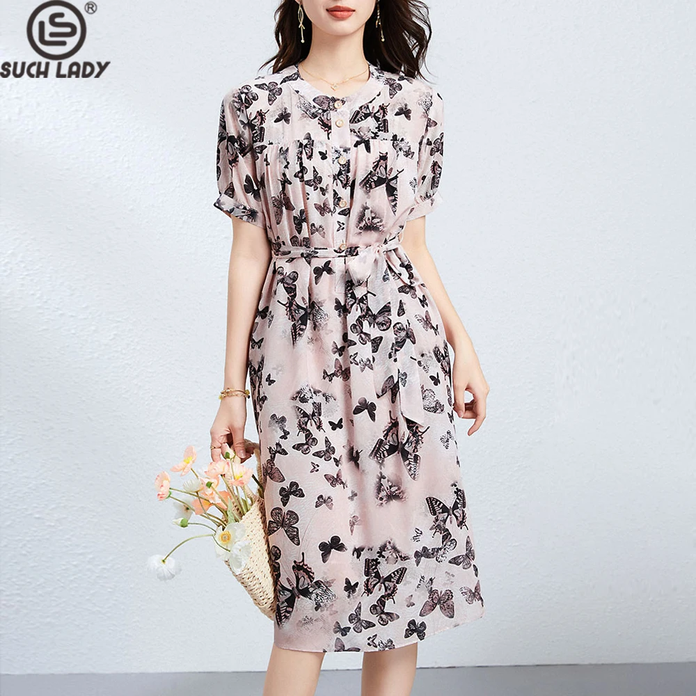 

100% Silk Women's Dress O Neck Short Sleeves Printed Lace Up Elegant Fashion Vestidos