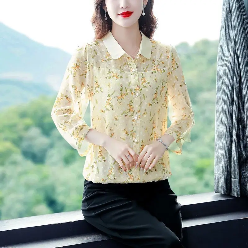 2024 New Spring and Autumn Korean Commuting Minimalist Fashion Versatile Chic Blouses Lapel Print Panel Button Women\'s Shirt Top