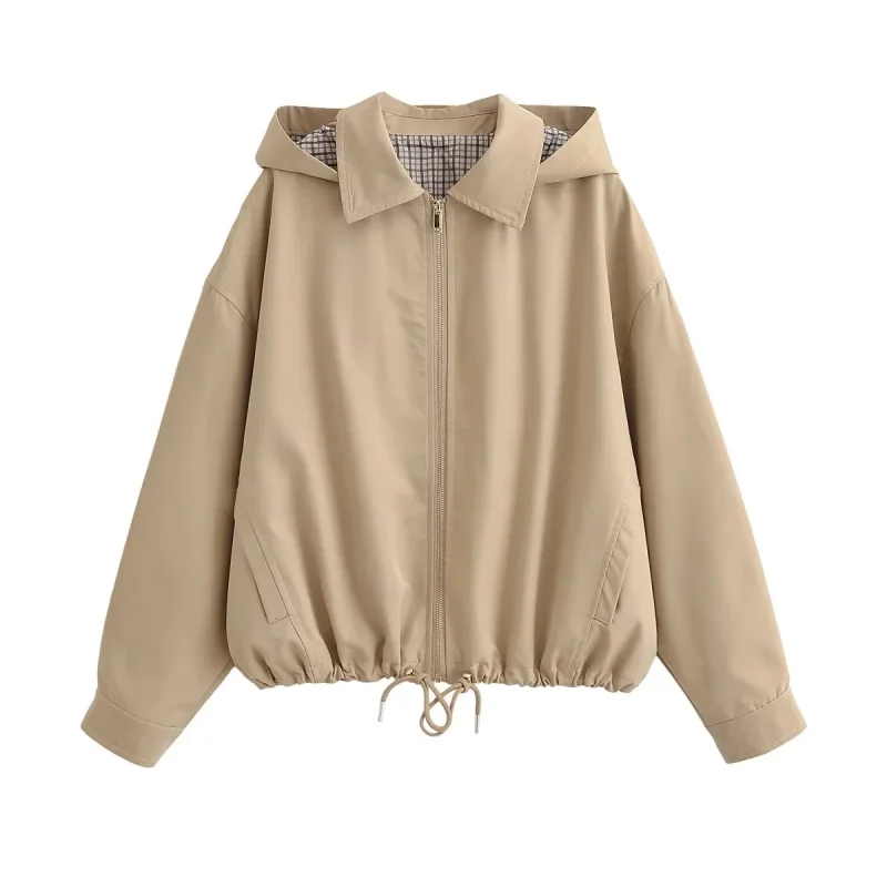 2026 New Women Khaki Hooded Jacket Long Sleeve Zipper Oversized Loose Casual Outerwear Ladies Coat Long Sleeve Zipper Design