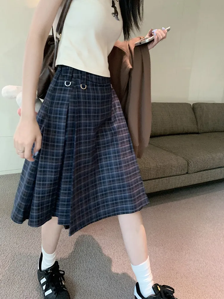 Korean style Preppy Fashion Vintage Plaid Summer Women Midi Skirt High Waist Pleated A-line Temperament Loose Y2K Skirt