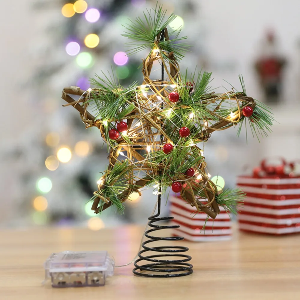 New LED Light Christmas Tree Top Star Wooden Crafts Christmas Tree Decorations Pentagram New Year Tree Ornaments