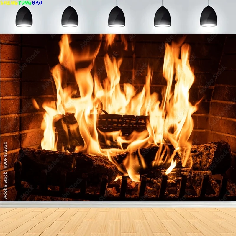 

Christmas Holiday Warm Home Photography Backdrops Fireplace Crackling Flames Party Wood Burning Photo Studio Background FD-01